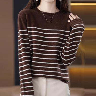 Women Sweaters Pullovers 2025 Autumn Winter Long Sleeve O-Neck Striped Black Knitted Sweater Women Tops Pullover JJ78