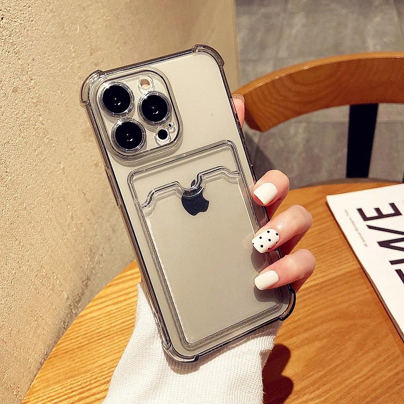 Shockproof Silicone Clear Phone Case For iPhone 15 14 13 12 Mini 11 Pro XS Max X XR 7 8 Plus Protection Back Card Pocket Cover