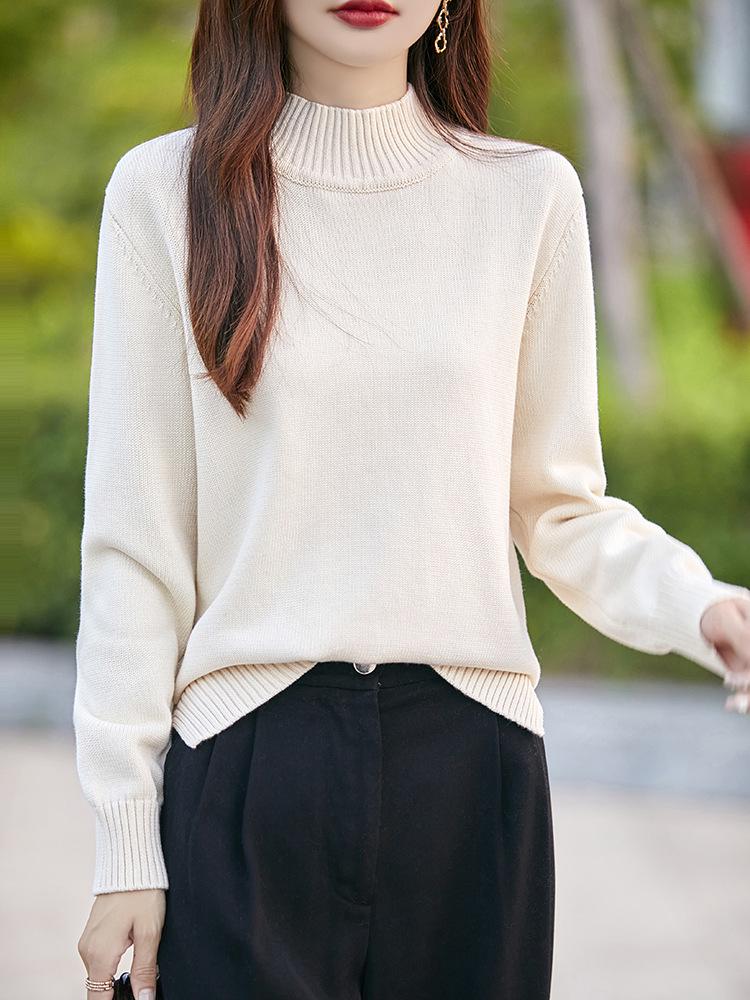 Women's Pure Cotton High-Collar Sweater, Autumn-Winter 2024: Thick Solid Color Knit with Slits, Versatile Base Layer.