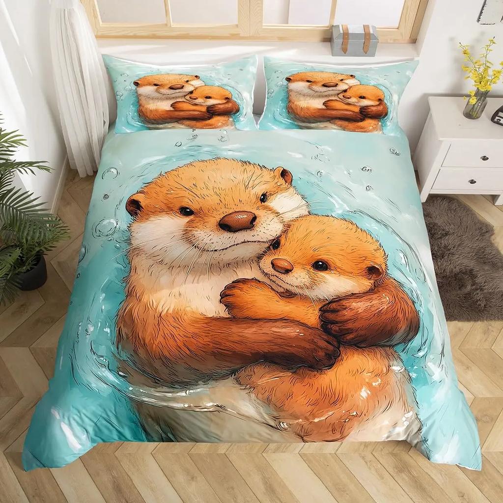 Cute Cartoon Animal Print Comforter Cover Sets Sea Otter Duvet Cover Set Ocean Creature Otter Toddler Soft Polyester Bedding Set