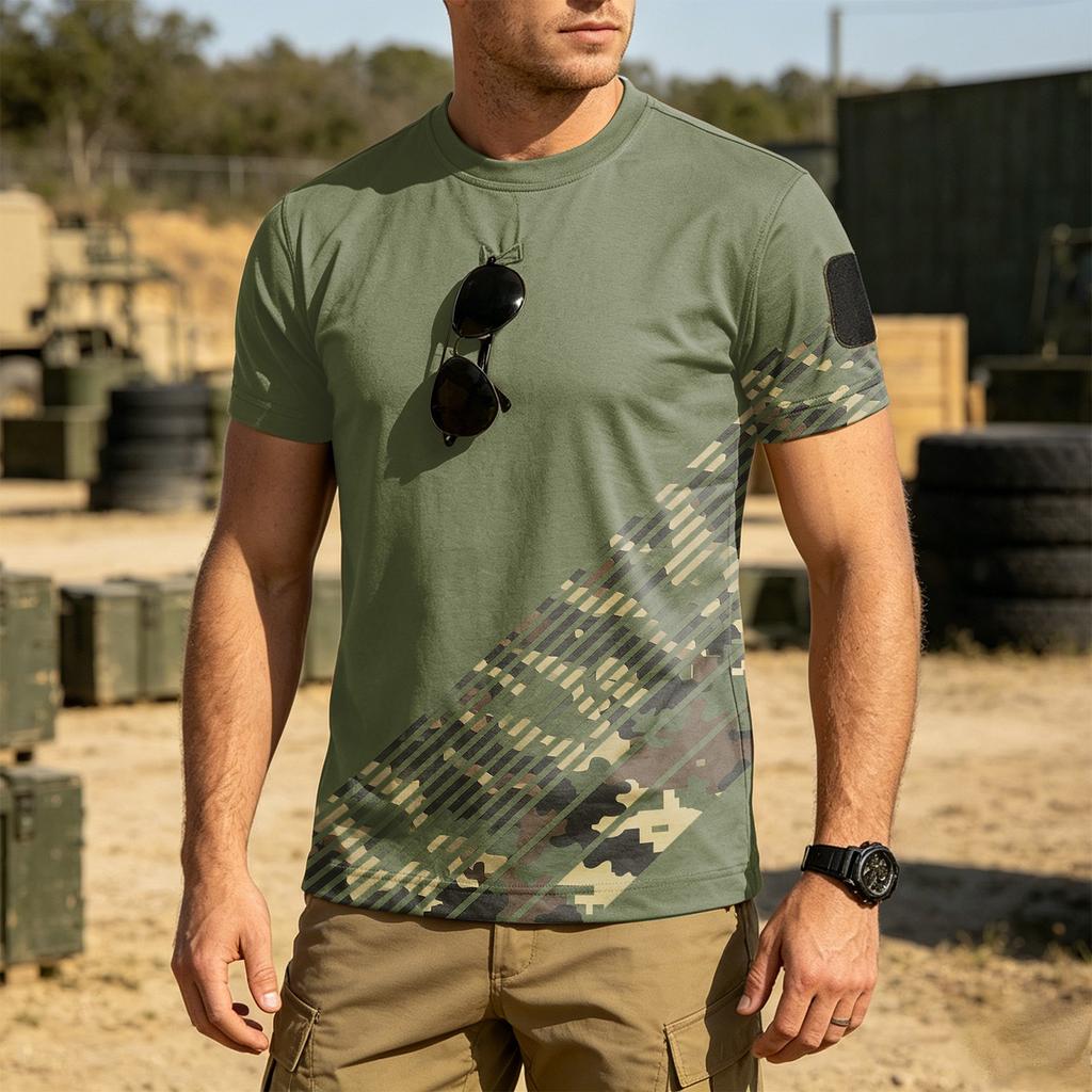 Men's Tactical Outdoor Quick Dry T Shirt Loose Fit Round Neck Breathable Short Sleeve Camouflage Print with Hook and Loop Patch Area