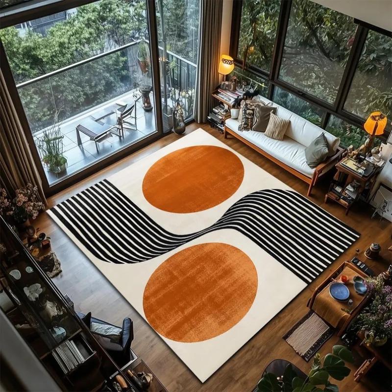 Retro Minimalist Orange Circle Lines Area Rug Geometric Accent Carpet- Living Room Mat Kitchen and Bedroom Retro Home Decoration