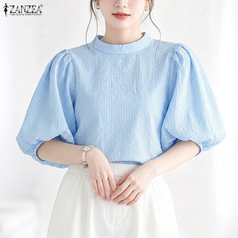 ZANZEA Women Casual Stand Collar Loose Half Sleeve Stripe Blouse