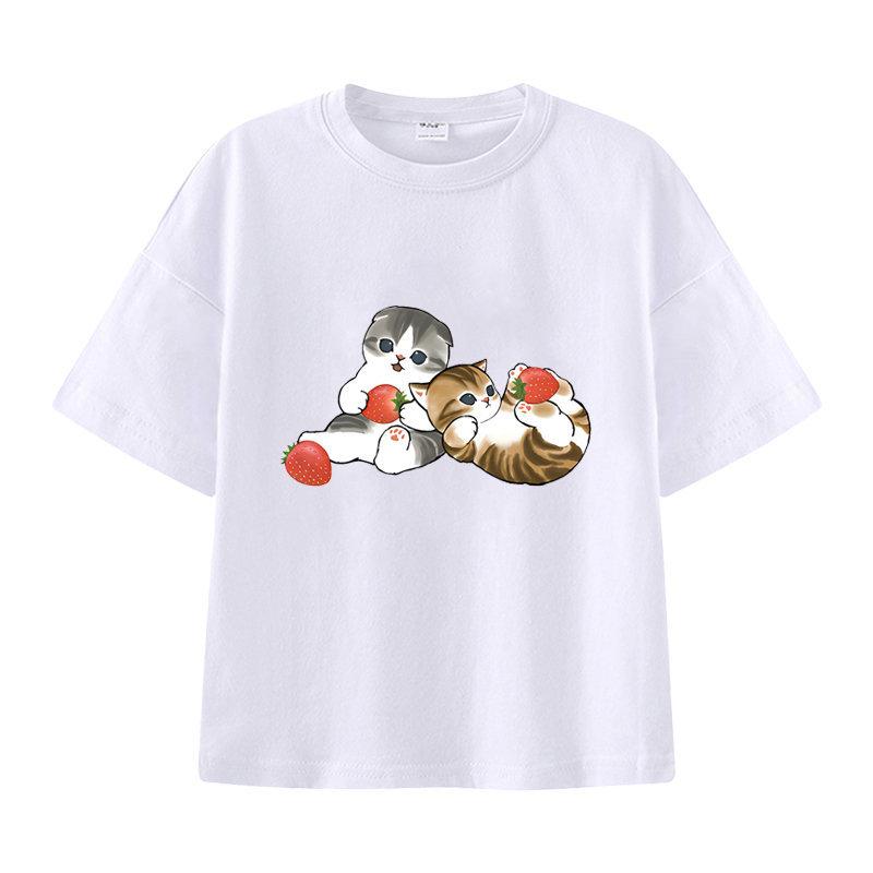 New Summer Catprinted Shortsleeved Tshirt A Cute and Trendy Outfit Featuring A Cartoon Shark Cat Kids Clothes Boys  Girl
