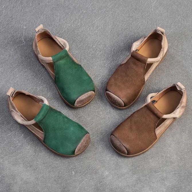 Johnature Genuine Leather Mixed Colors Sandals Round Toe Hollow Retro Style Women's Shoes