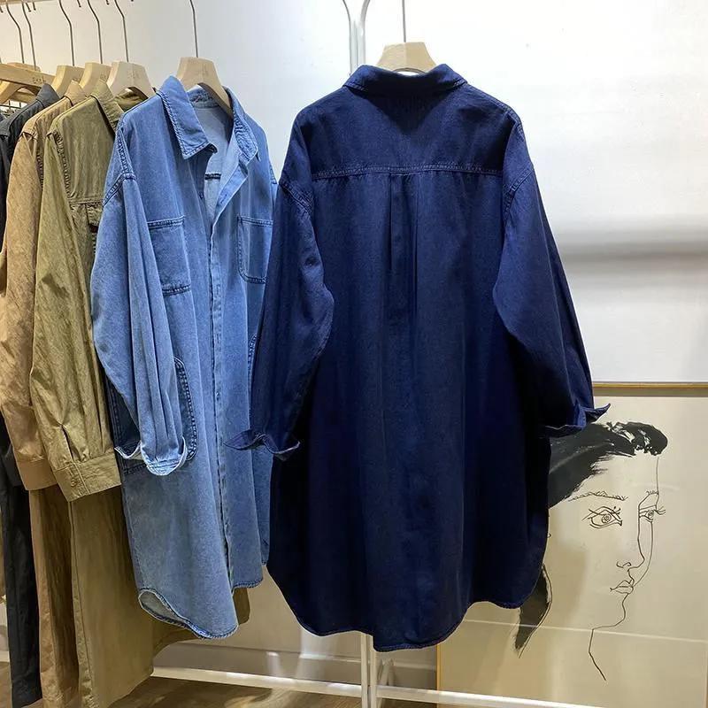 Women's Fall Korean-Style Plus Size Polo Collar Long-Sleeve Causal Mid-Length Denim Shirt