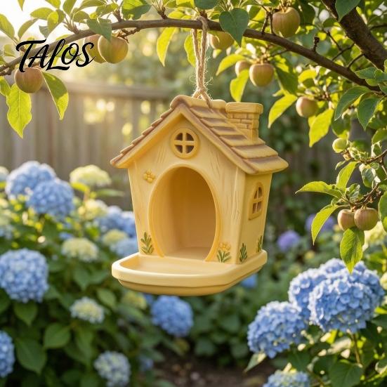Wild Bird Gift for Gardeners House Shape Hanging Feeder Outdoor Garden Decor, Weatherproof Resin Backyard Watching Supplies with Large Capacity Tray &