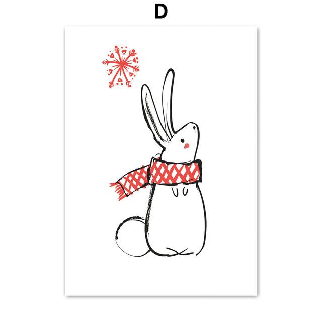 Cartoon Elk Snowman Picture Minimalist Sketch Canvas Poster Merry Christmas Decor Painting Happy New Year Kids Room Decor No Frame