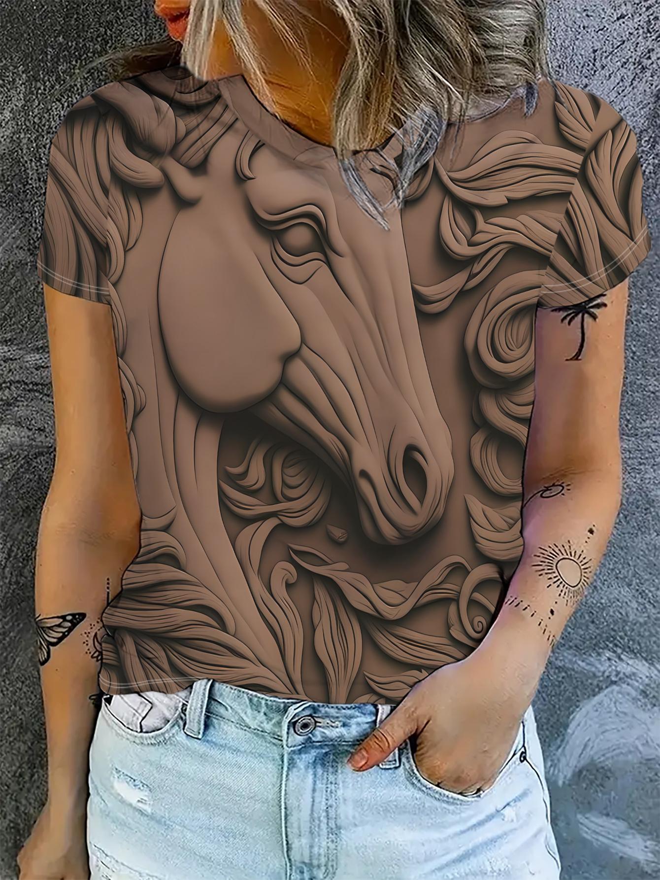

[Printed Design- No Texture] Women s Short-Sleeve T-Shirt. with a Brown Horse Head and Scroll Pattern Printed on the Back 3XL дубильная кора