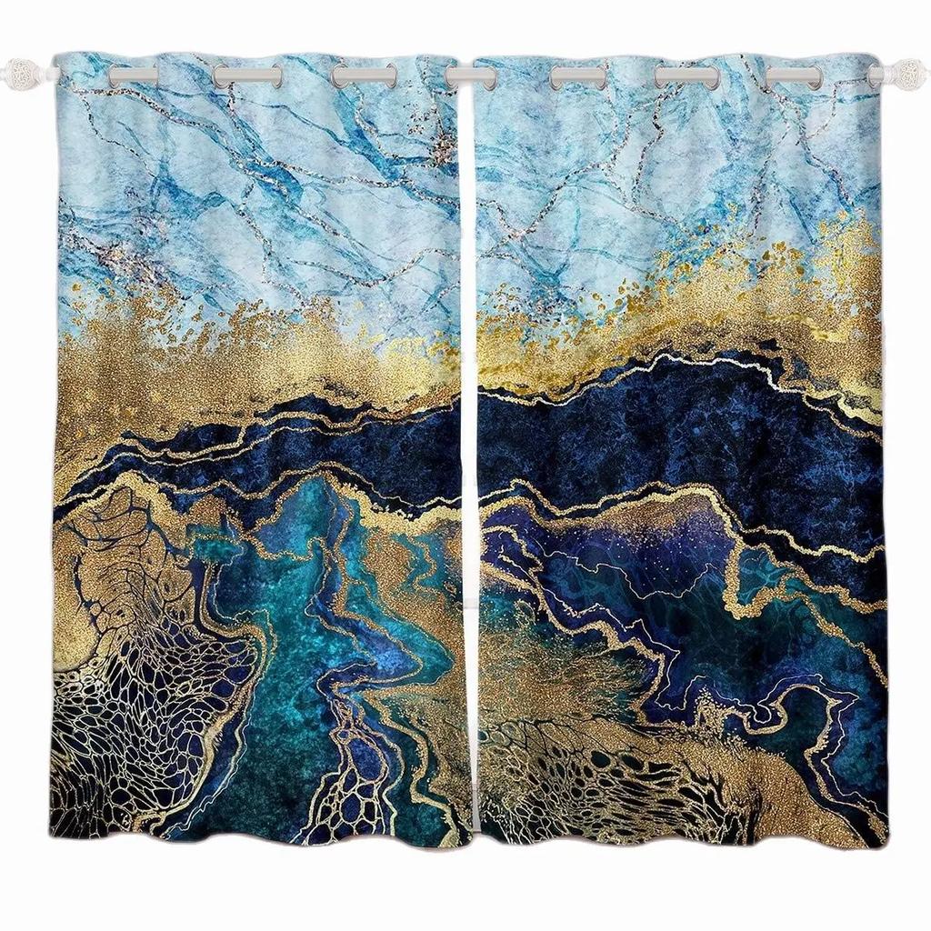 3D Moderne Klassisk Marmor Grønt Gull Elegant Grå 2 Panel Tynn skyggelegging Polyester Vindusgardin for soverom Stueinnredning
