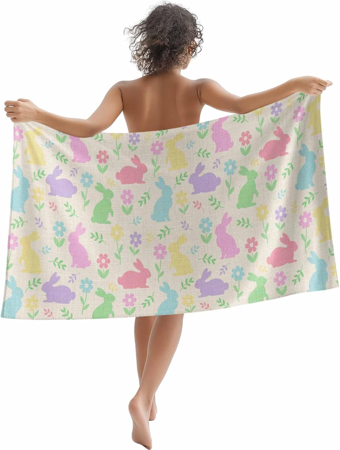 

Artistic Easter Bunny Beach Towel, Rabbit Flower Leaves Pattern Quick Dry Absorbent Lightweight Sand Free Travel Pool Essentials W40*H60(CM)