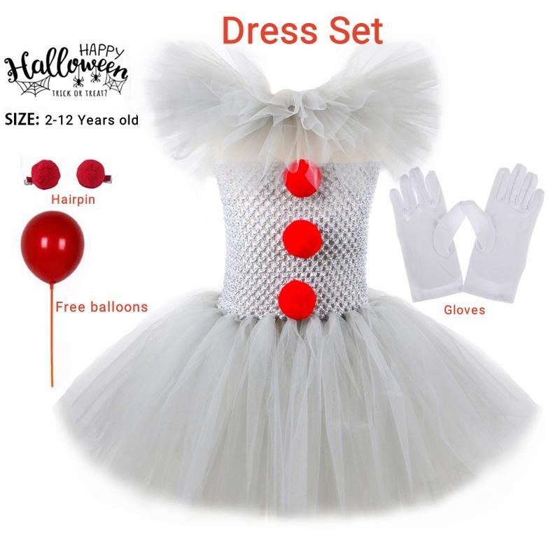 Halloween Gray Joker Girls Costume Tutu Dress Creepy Clown Carnival Party Cosplay Clothing Tulle Fancy Dress