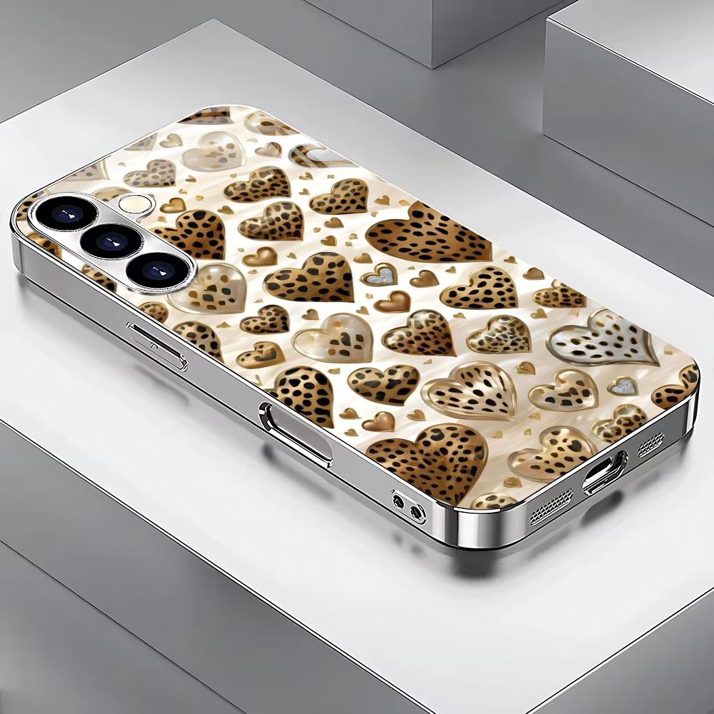 Leopard Patterned Heart-shaped Silver Plated Glass Phone Case Suitable for Samsung Galaxy S26 S25 S24 S22 S21 S20 FE/Ultra/Plus