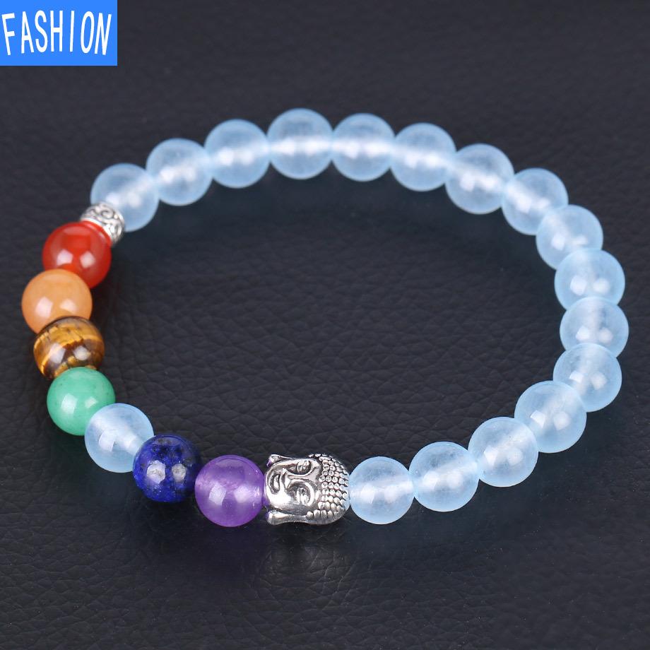 Chakra Bracelet Natural Aquamarine Stone Copper Buddha's Head Charm Crystal Bracelet Elastic Bracelet