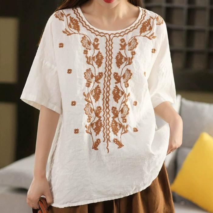 Embroidered Cotton Linen Literary Loose Retro Temperament Round Neck Short-sleeved T-shirt Embroidered Versatile Summer Top XS