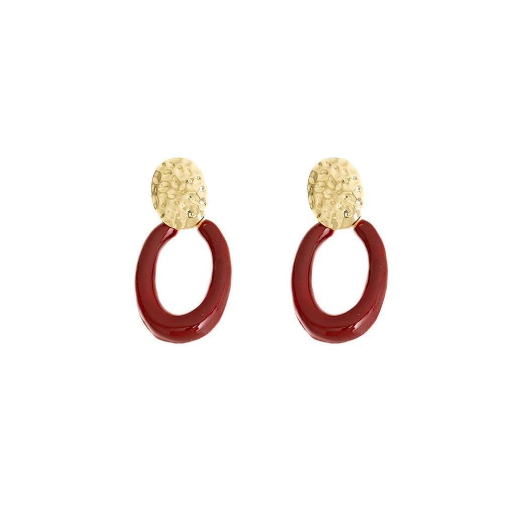 Silver Needle Wine Red Hong Kong Style Geometric Earrings: Elegant High-Class Women's Ear Jewelry
