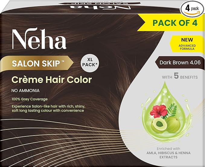 Neha Salon Skip Crème Hair Colour, Ammonia-Free Formula, Pack of 4 * 20g+20ml - Dark Brown