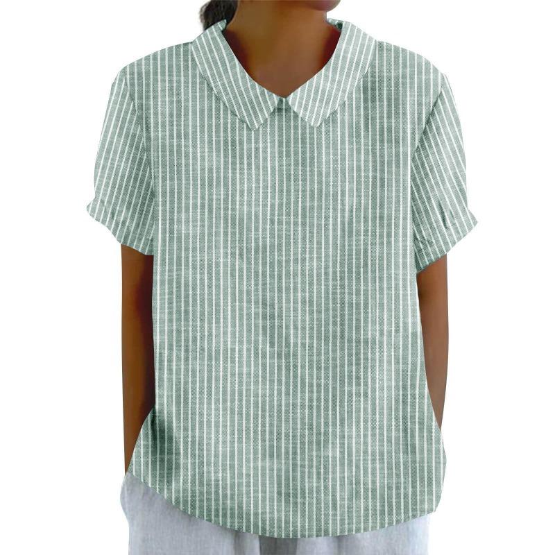 Women Green And White Vertical Stripe Peter Pan Collar Short Sleeve Casual Blouse S
