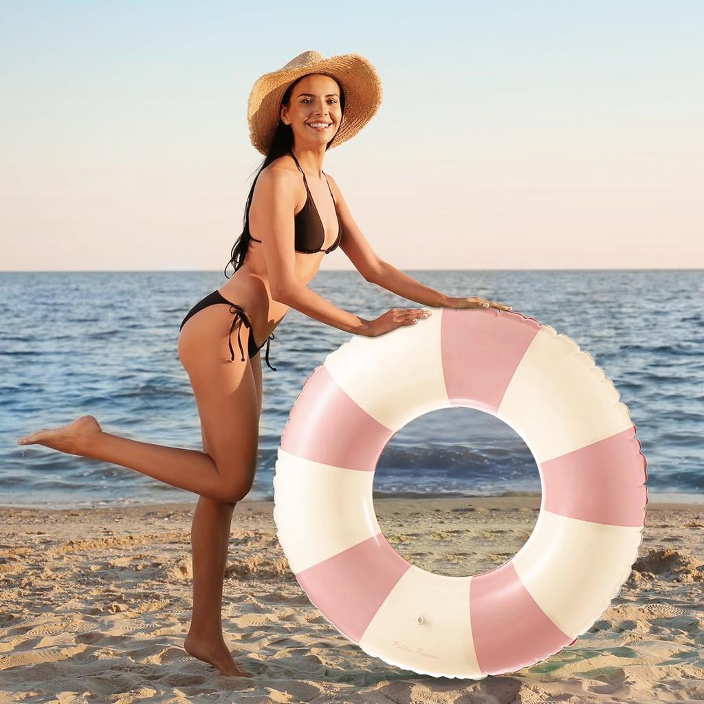 1pc Striped Double Air Bag Swimming Ring With Handle Thickened PVC Inflatable Swim Circle Beach Pool Water Floating Ring