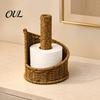 Office Paper Towel Organizer Imitation Rattan Toilet Holder, Round Woven Dispenser, Sturdy Roll Support Boho Tissue for Bathroom Countertop