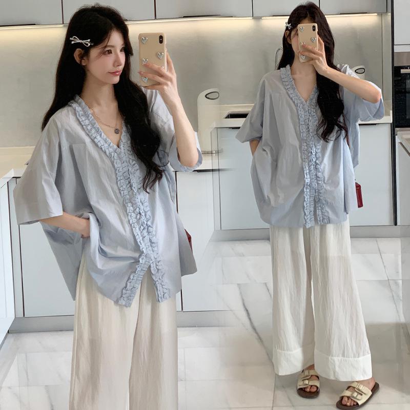 Korean Style Maternity Ruffle Top & Wide Leg Pant Set M