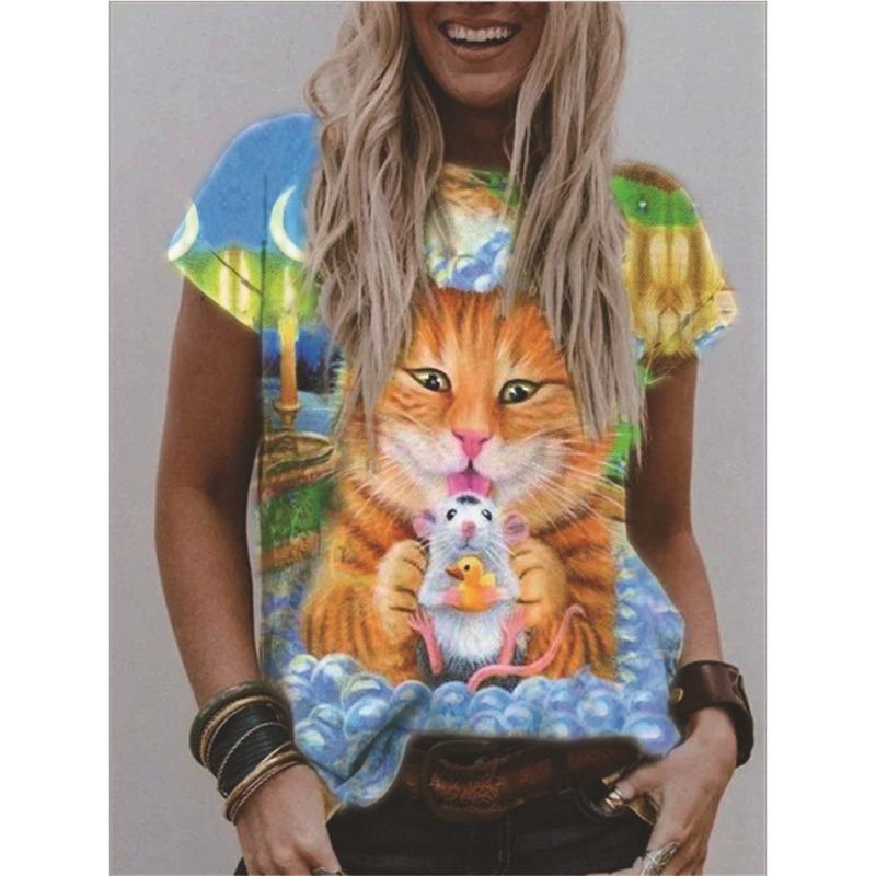 Summer Round Neck 3D Flower Print Top Fashionable Casual Short Sleeved Women's T-shirts