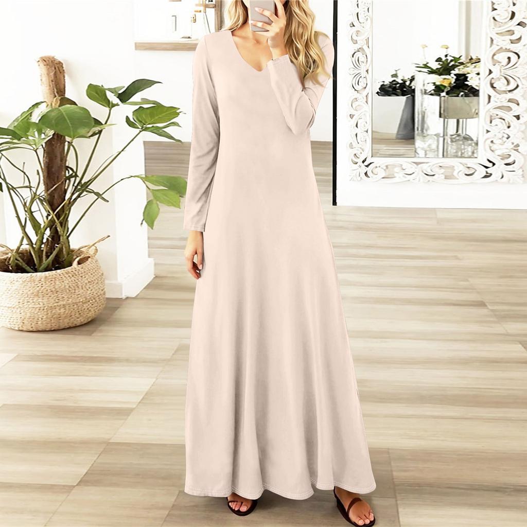 Dámská ležérní móda s dlouhým rukávem jednobarevné vintage dlouhé šaty podzim
