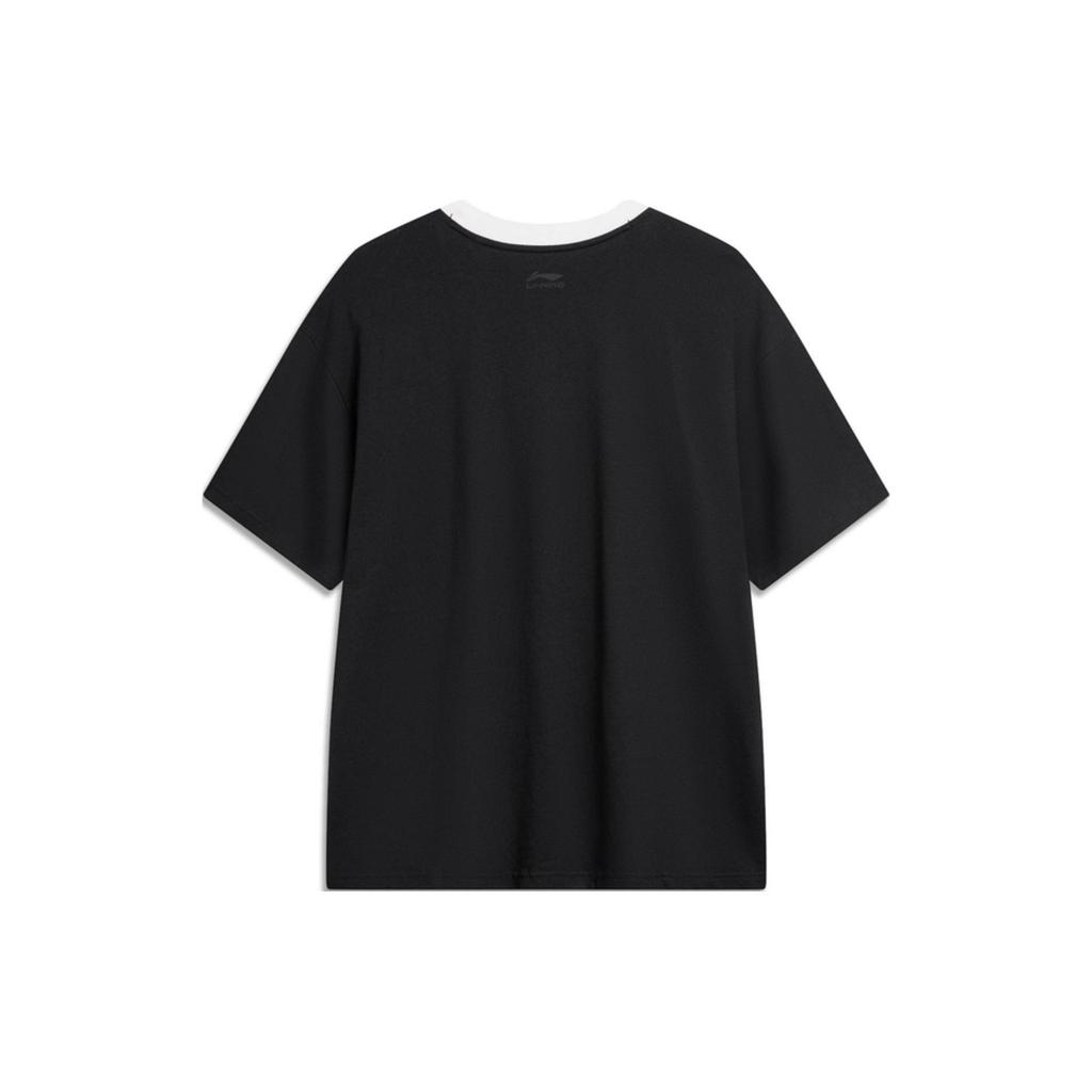 Li-Ning American Retro Letter Logo Stripe Print Round Neck Loose Comfortable Casual Short Sleeve Drop Shoulder T-Shirt Unisex Tops Black AHSU657-2