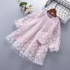Neue Frühlingslieferung: Mädchen-Langarm-Netz-Blumenkleid mit Tasche - Glänzender Koreanischer Stil