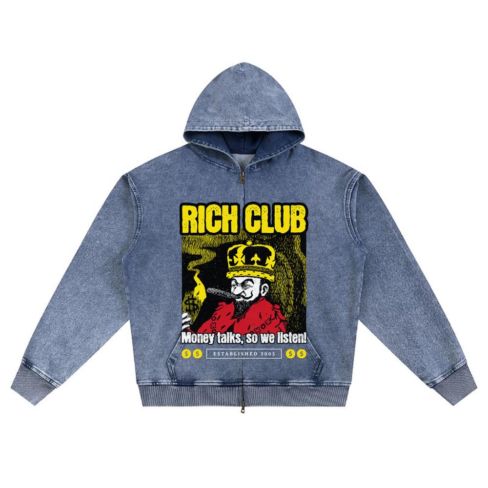 DTG print Knitted Denim Zip-Up Hoodie Rich Club Brother Print Zipper Hoodies