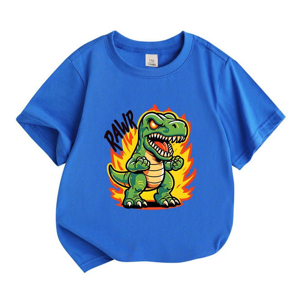 Kids Boys Girls 100% Cotton Crew Neck Short Sleeve T-Shirt, Cute Angry T-Rex Dinosaur Rawr Print Casual Comfortable Tees for Children Daily Wear
