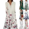 Women's Summer Casual V-Neck Button Vintage Floral Print Three-quarter Sleeve Long Dress With Pockets