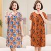 Summer Cotton Silk Knee-Length Floral Dress for Middle-Aged and Elderly Women - Short Sleeved, Lightweight, Plus Size, Loose Fit