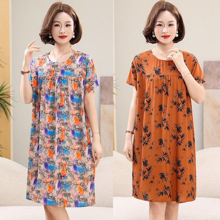 Summer Cotton Silk Knee-Length Floral Dress for Middle-Aged and Elderly Women - Short Sleeved, Lightweight, Plus Size, Loose Fit