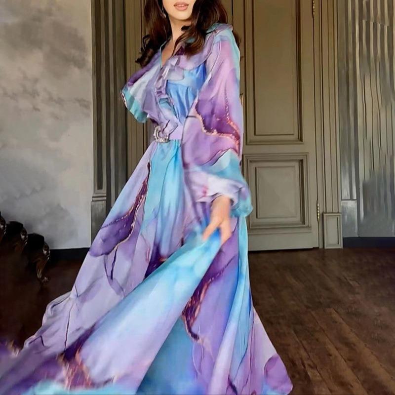 Spring and suer new printed pendulum lapel mesh dress couter large size women's dress