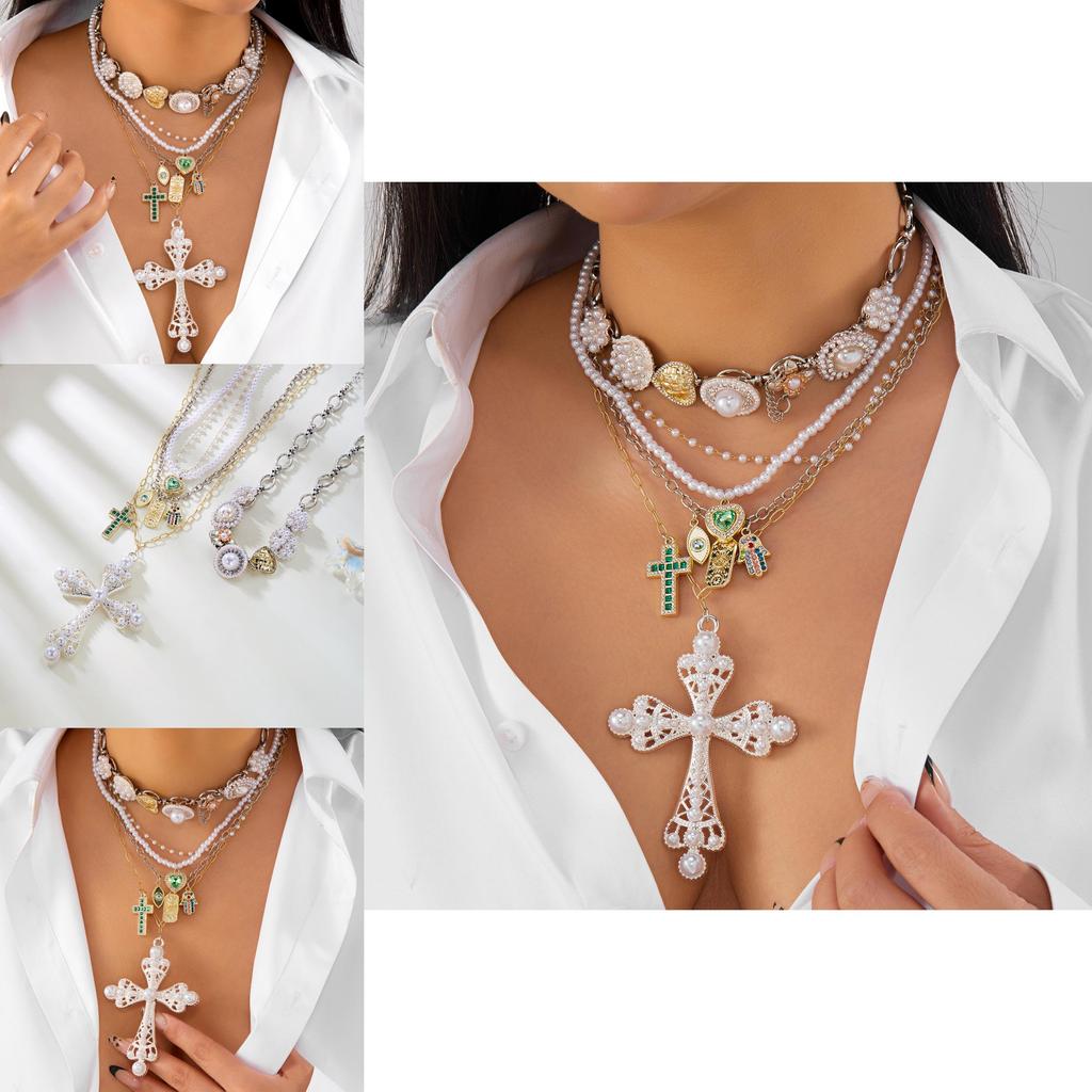 Style Layered Cross Pendant Necklace With Rhinestone Embellishments For Women