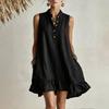 Women Sleeveless Linen Cotton Dress Loose Fit Casual Summer Dress Button Front Ruffle Hem Lightweight Breathable Tunic Dress