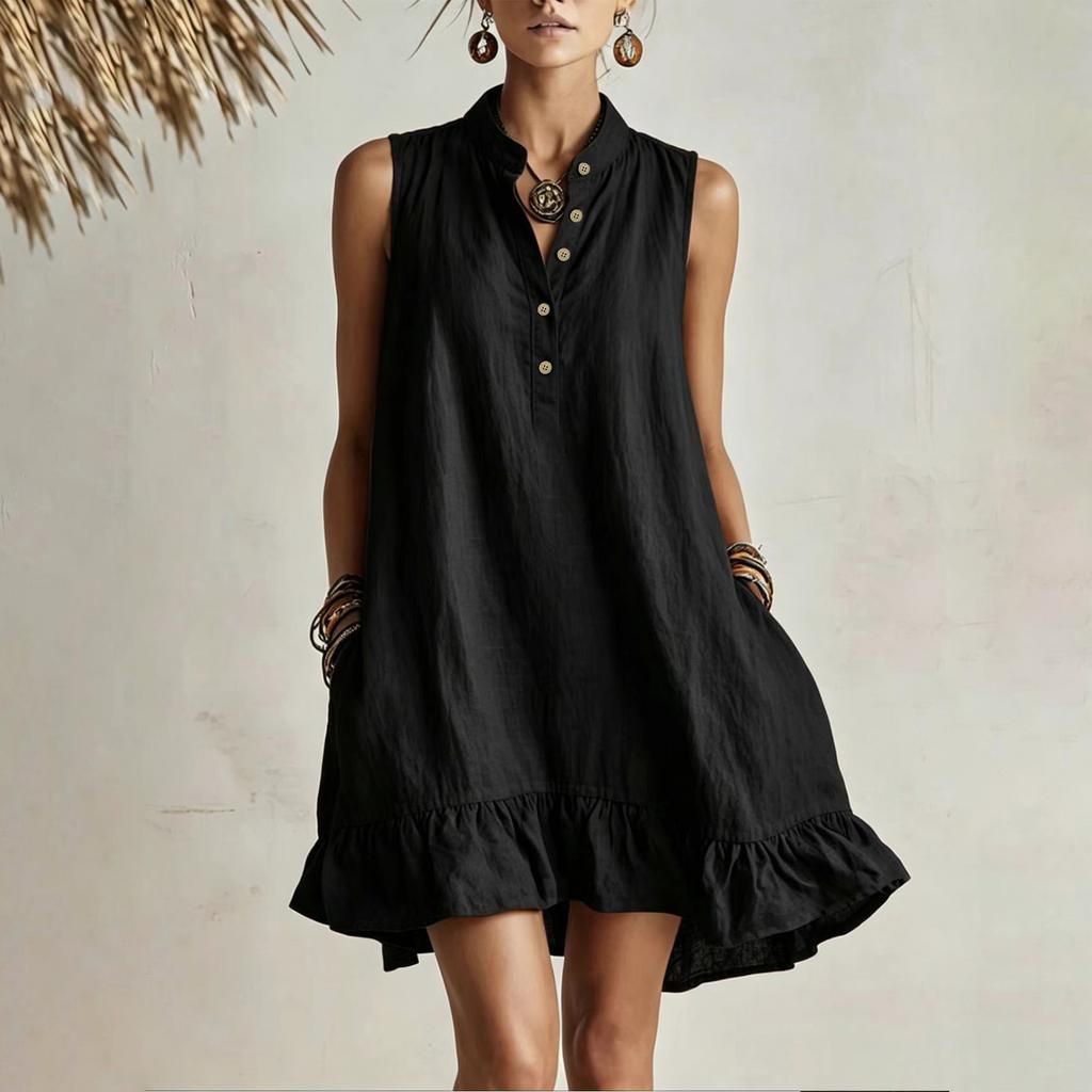 Women Sleeveless Linen Cotton Dress Loose Fit Casual Summer Dress Button Front Ruffle Hem Lightweight Breathable Tunic Dress