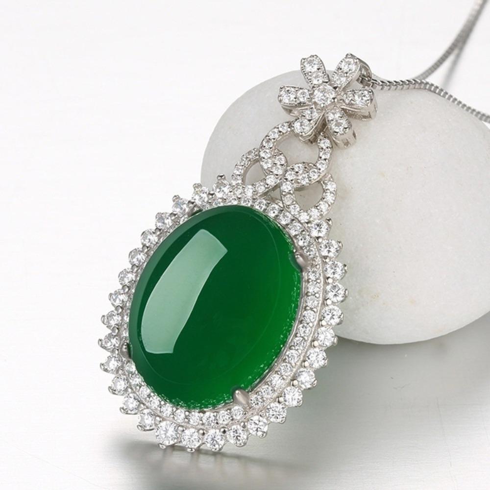 

Green Chrysoprase Silver Necklace with Full Diamond Pendant Elegant Jewelry for Women