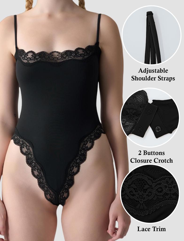 Maeau Tummy Tightening Cute Lace Cami High Butt Lifting Body XL Women's Bodysuit, Leotard, Shapewear, Tights, Elasticity, Shaper, Black,