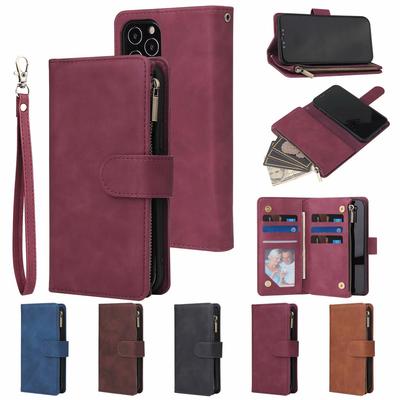Applicable To iPhone15 Mobile Phone Leather Case 17Pro Retro Multi-card Zipper Wallet Handbag Multi-function 16plus