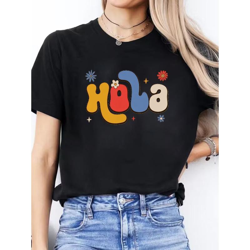 Spanish Alphabet Print Casual Spring/Summer Knit T-Shirt for Women - Crew Neck, Polyester, Medium Stretch,