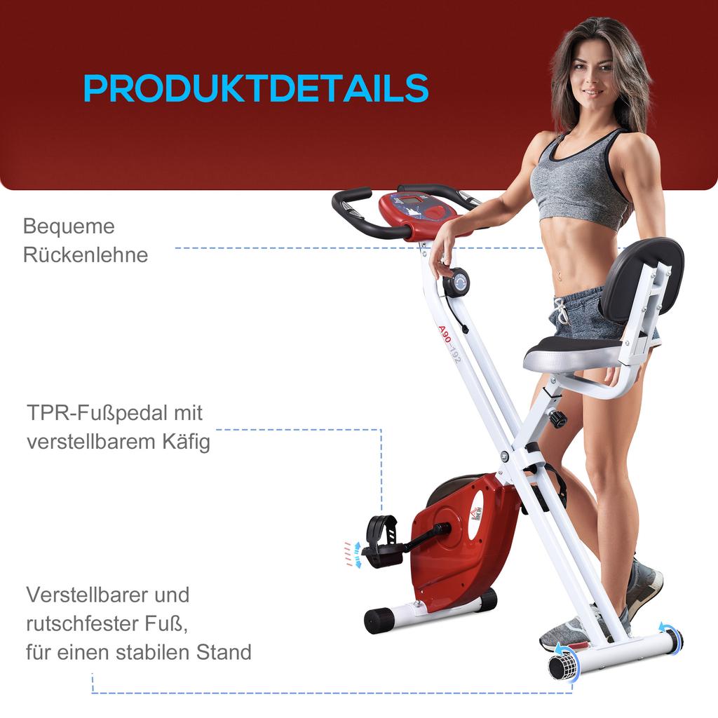 Cyclette con Resistenza Magnetica, 8 Livelli, Altezza Regolabile, Display LCD, Rosso + Bianco