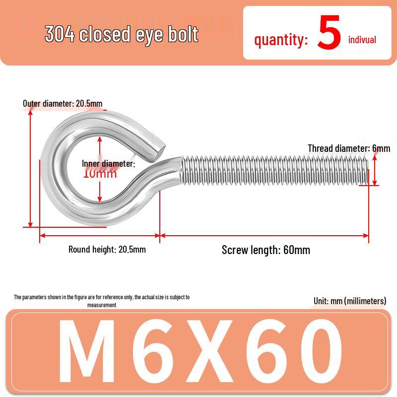 304 Stainless Steel Eyebolt with Ring Hook – Machine Thread Closed Eye Bolt (M4 M5 M6 M8)