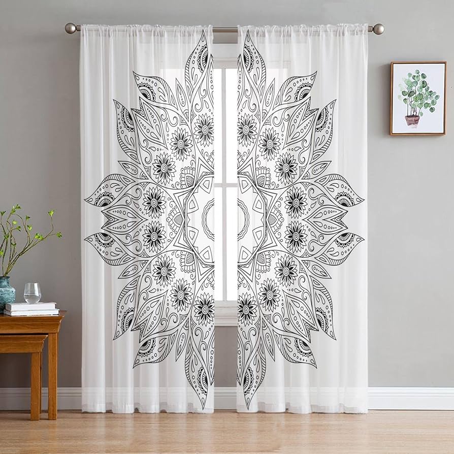 Light Filtering Mandala Pattern Curtains Living Room Modern Voile Curtain Bedroom Tulle Window Drapes Decor Bohemian Made Of Polyester Washable Ready
