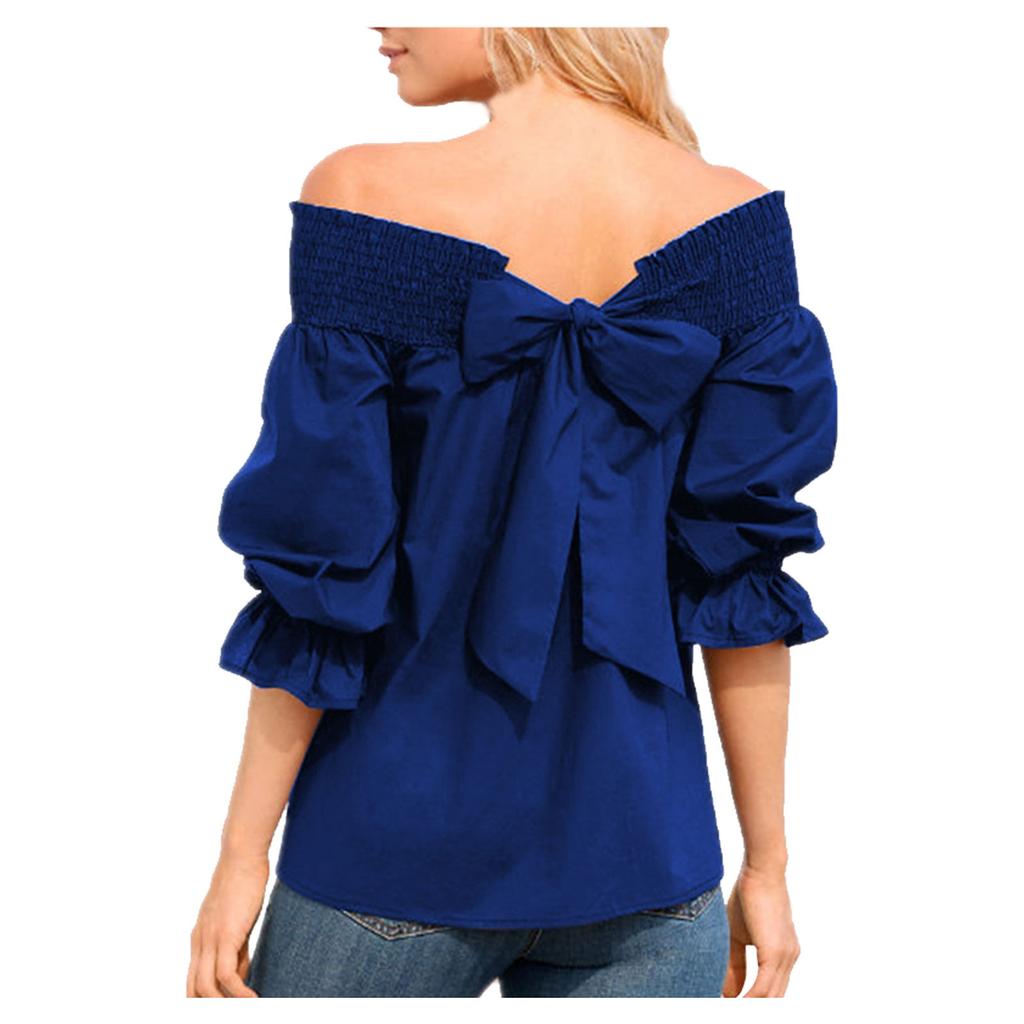 Women's Bubble Sleeve Bow Long Sleeve Square Neck Top Off-shoulder Color Women's Tops And Blouses