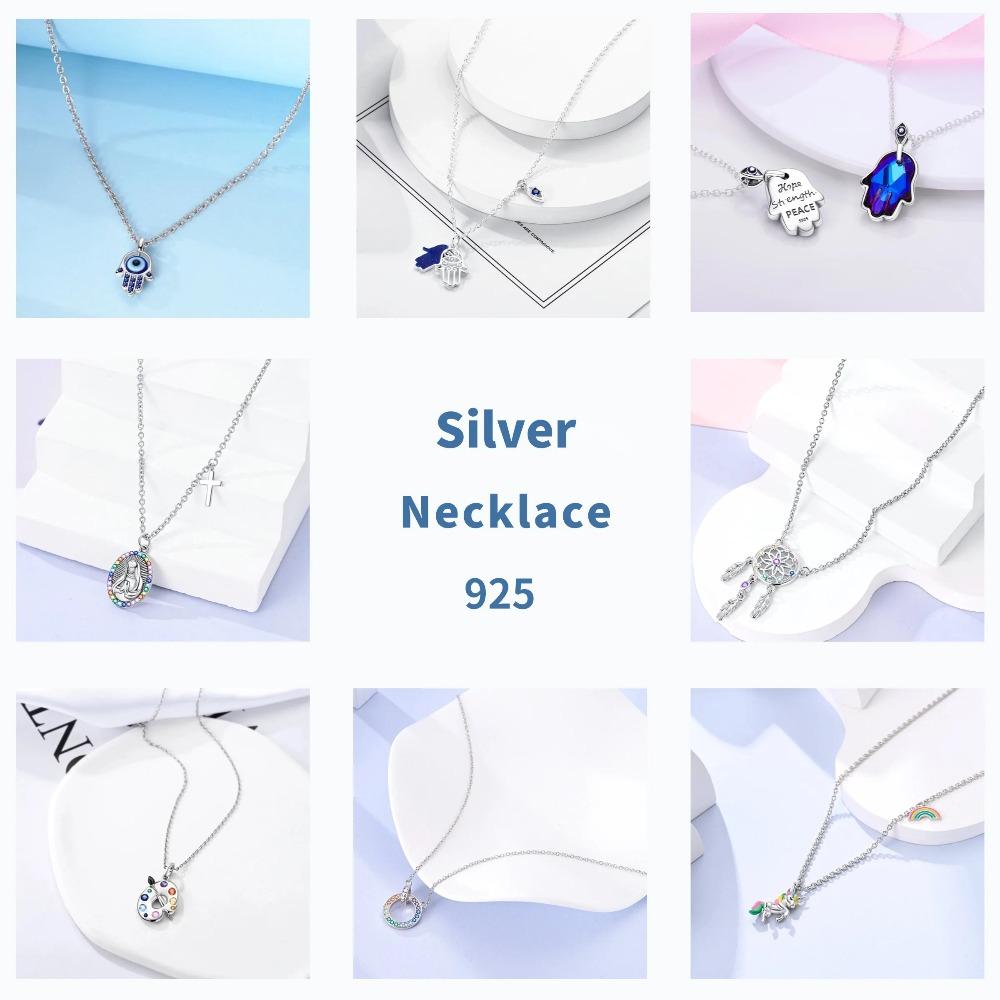 925 Silver Lucky Unicorn Necklace with Butterfly Firefly Bear Paw Print Zircon Chain Link Heart Jewelry for Women
