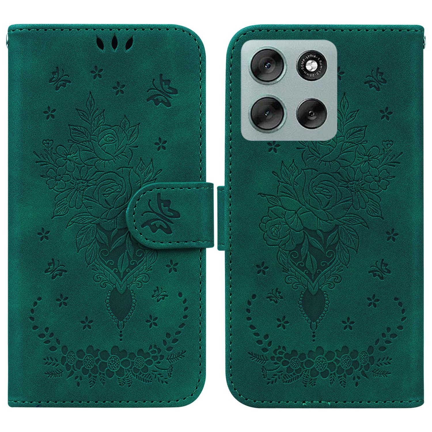 

For Motorola Moto G56 5G Case Butterfly Flower Imprint PU Leather Wallet Phone Cover with Strap Green