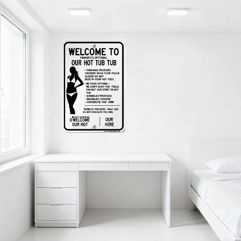 Welcome To Our Hot Tub Tub Swimsuit Optional Metal Sign - Humorous Satirical Tin Sign for Home Bar Wall Decor with Nonsensical B