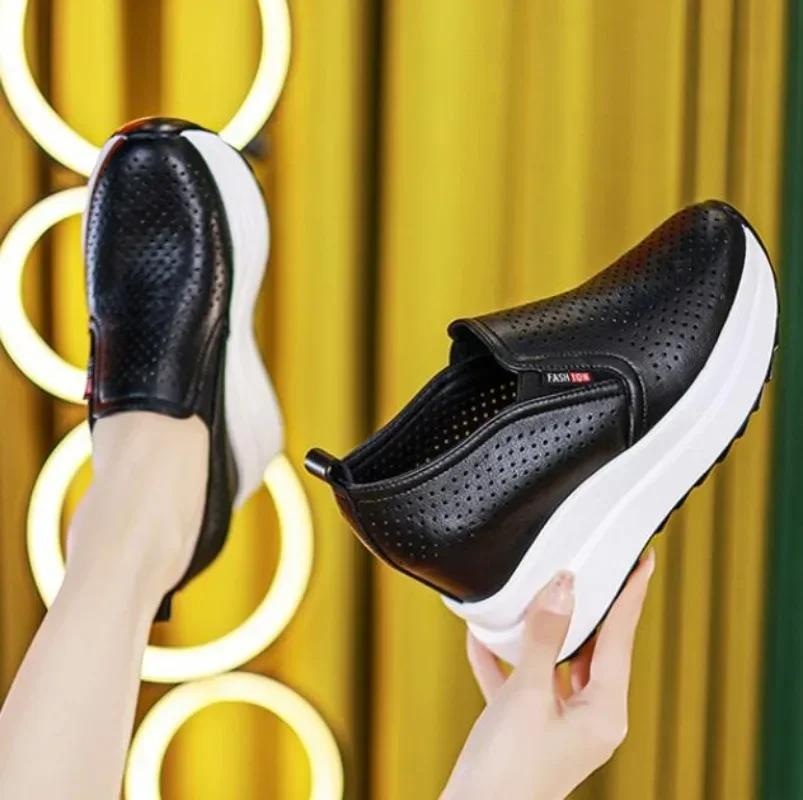 Fashion 10CM Wedge Pumps Moccasins Women Platform High Brand Sandals Genuine Leather Hollow Summer Shoes Hidden Heels Female Shoes 2024